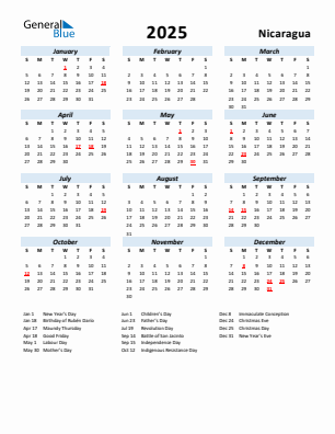 Nicaragua current year calendar 2025 with holidays