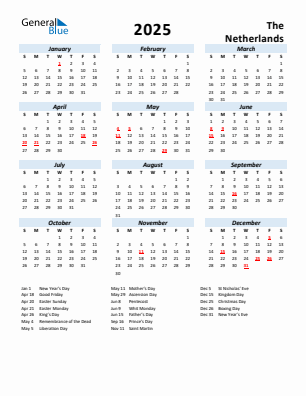 The Netherlands current year calendar 2025 with holidays