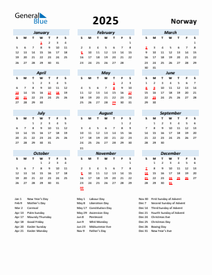 Norway current year calendar 2025 with holidays