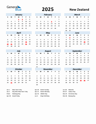 New Zealand current year calendar 2025 with holidays