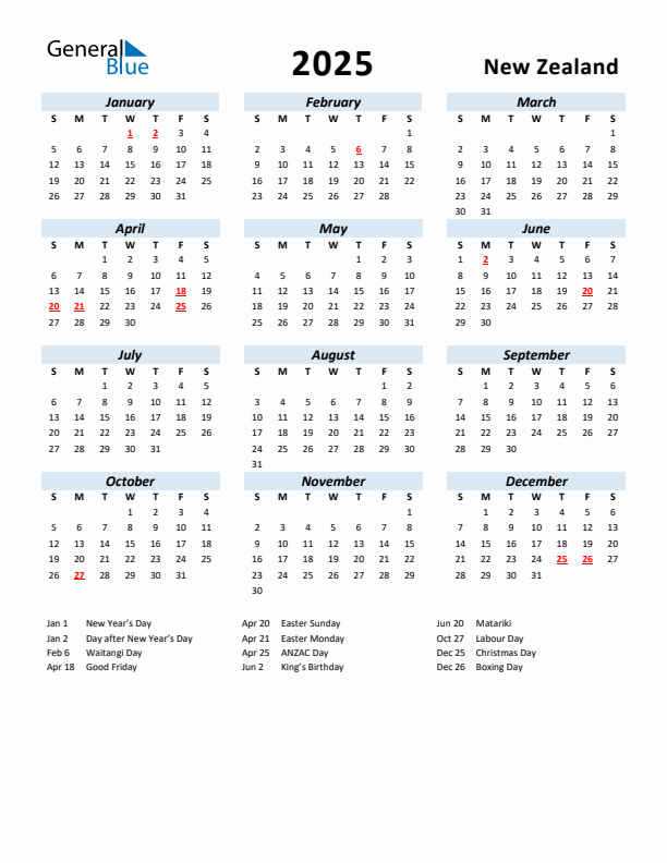 2025 Calendar for New Zealand with Holidays