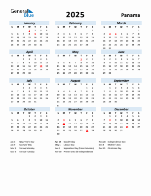 Panama current year calendar 2025 with holidays