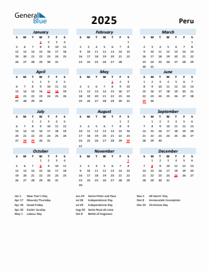 Peru current year calendar 2025 with holidays