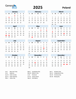 Poland current year calendar 2025 with holidays