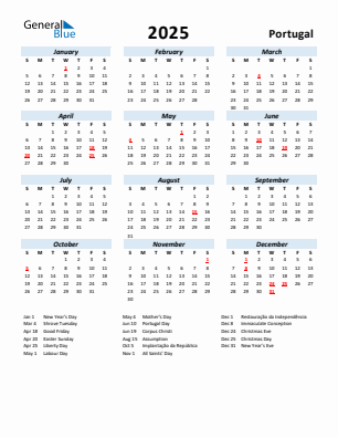 Portugal current year calendar 2025 with holidays