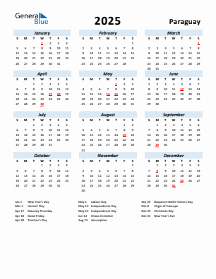 Paraguay current year calendar 2025 with holidays