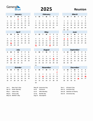 Reunion current year calendar 2025 with holidays