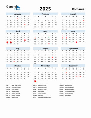 Romania current year calendar 2025 with holidays