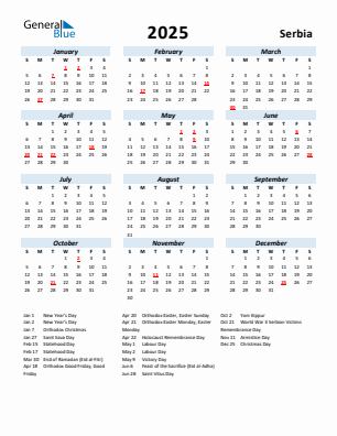 Serbia current year calendar 2025 with holidays