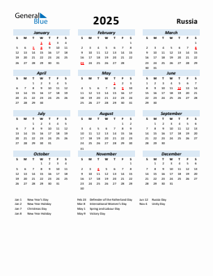 Russia current year calendar 2025 with holidays