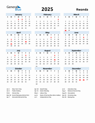 Rwanda current year calendar 2025 with holidays