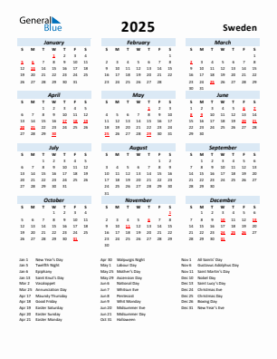 Sweden current year calendar 2025 with holidays