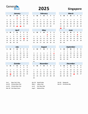 Singapore current year calendar 2025 with holidays