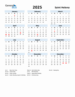 Saint Helena current year calendar 2025 with holidays