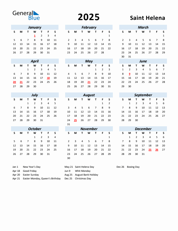 2025 Calendar for Saint Helena with Holidays