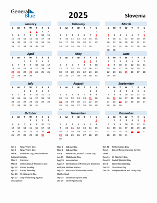 Slovenia current year calendar 2025 with holidays