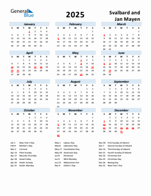 Svalbard and Jan Mayen current year calendar 2025 with holidays