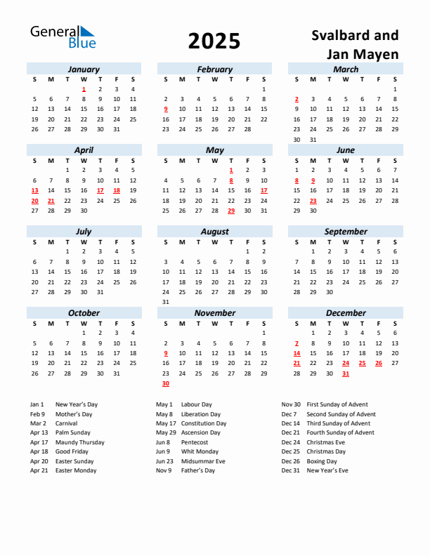 2025 Calendar for Svalbard and Jan Mayen with Holidays