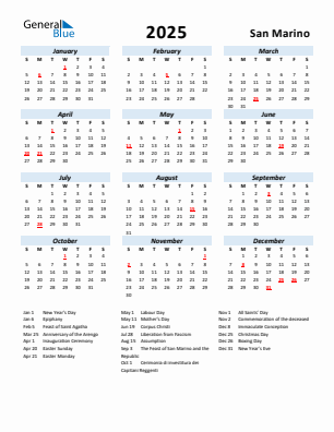 San Marino current year calendar 2025 with holidays