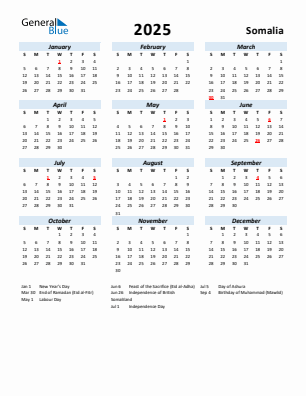 Somalia current year calendar 2025 with holidays