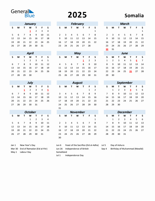 2025 Calendar for Somalia with Holidays