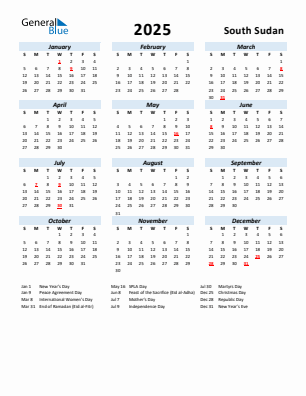 South Sudan current year calendar 2025 with holidays