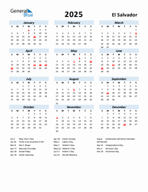 El Salvador current year calendar 2025 with holidays