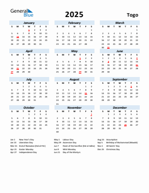 Togo current year calendar 2025 with holidays