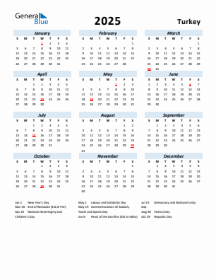 Turkey current year calendar 2025 with holidays