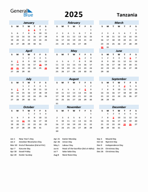 Tanzania current year calendar 2025 with holidays