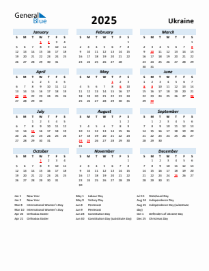 Ukraine current year calendar 2025 with holidays