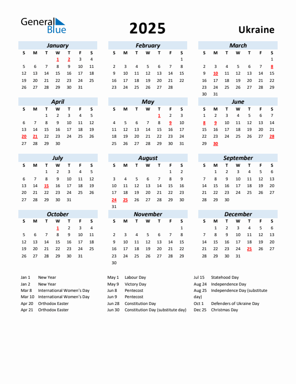 2025 Calendar for Ukraine with Holidays