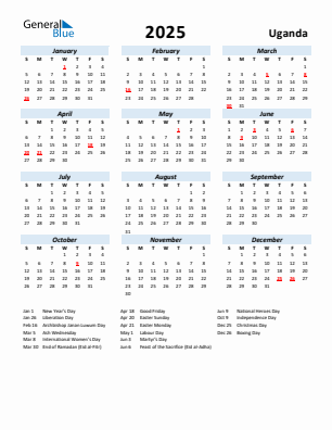 Uganda current year calendar 2025 with holidays