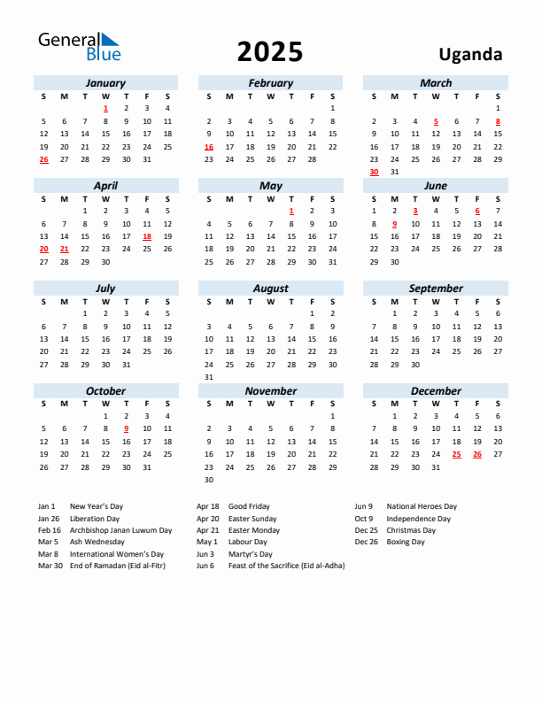 2025 Calendar for Uganda with Holidays