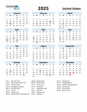 United States current year calendar 2025 with holidays