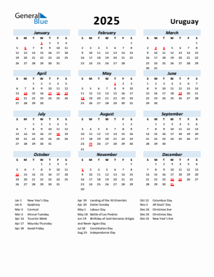 Uruguay current year calendar 2025 with holidays