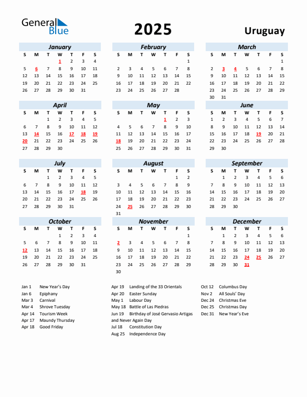 2025 Calendar for Uruguay with Holidays