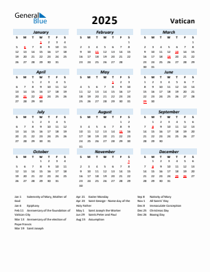 Vatican current year calendar 2025 with holidays