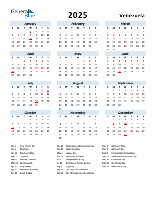 Venezuela current year calendar 2025 with holidays