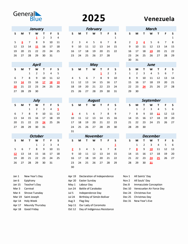 2025 Calendar for Venezuela with Holidays