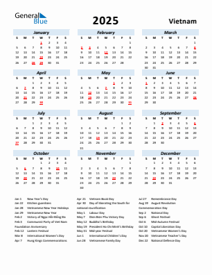 Vietnam current year calendar 2025 with holidays