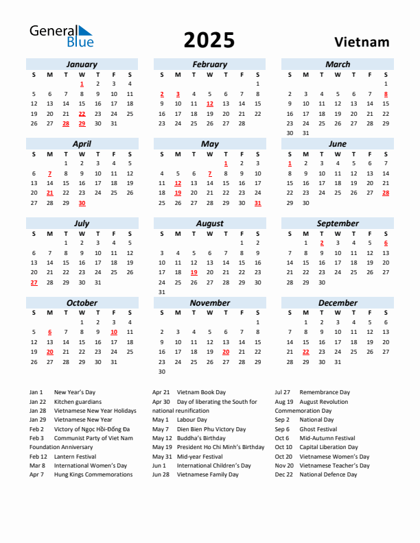 2025 Calendar for Vietnam with Holidays