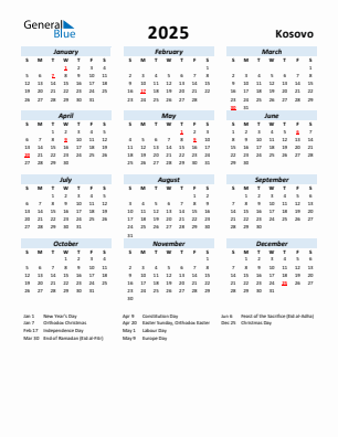 Kosovo current year calendar 2025 with holidays