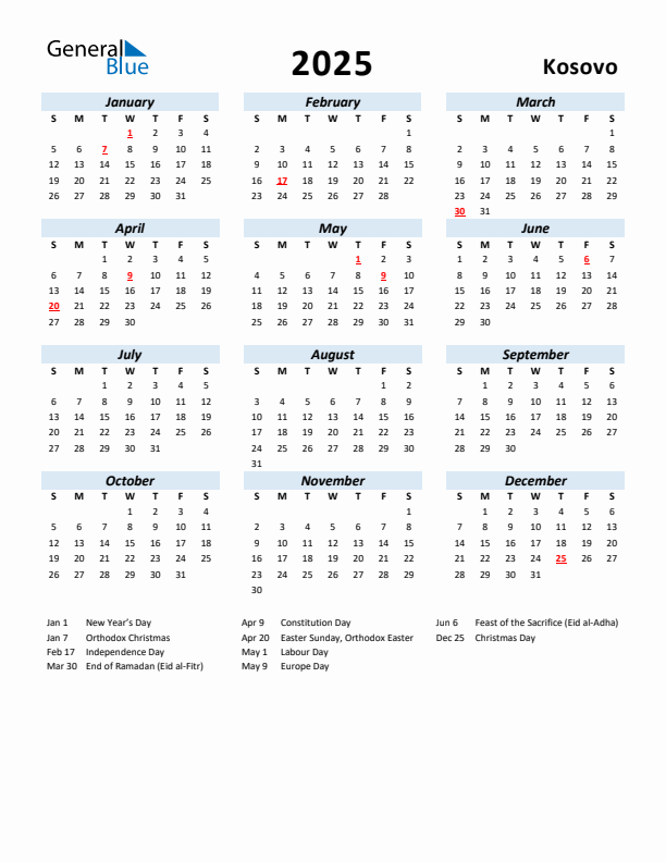 2025 Calendar for Kosovo with Holidays