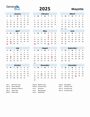 Mayotte current year calendar 2025 with holidays