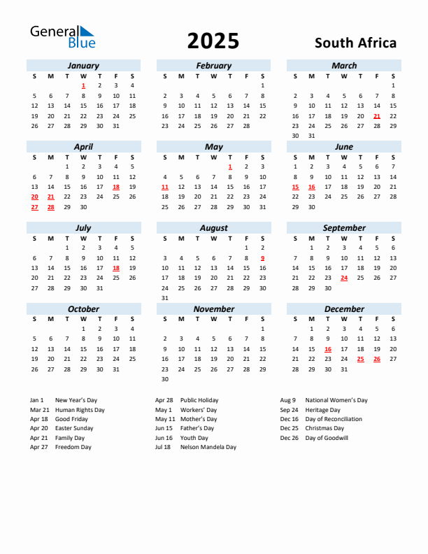 2025 Calendar for South Africa with Holidays