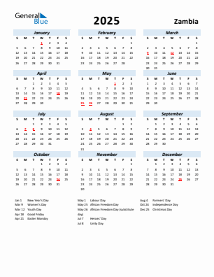 Zambia current year calendar 2025 with holidays