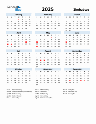 Zimbabwe current year calendar 2025 with holidays