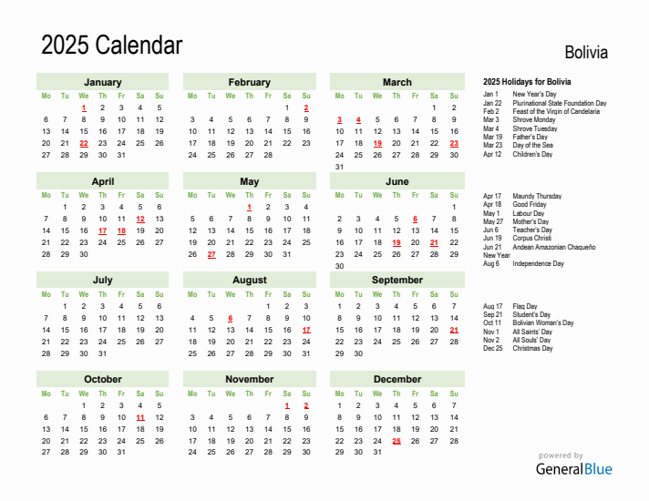 Holiday Calendar 2025 for Bolivia (Monday Start)