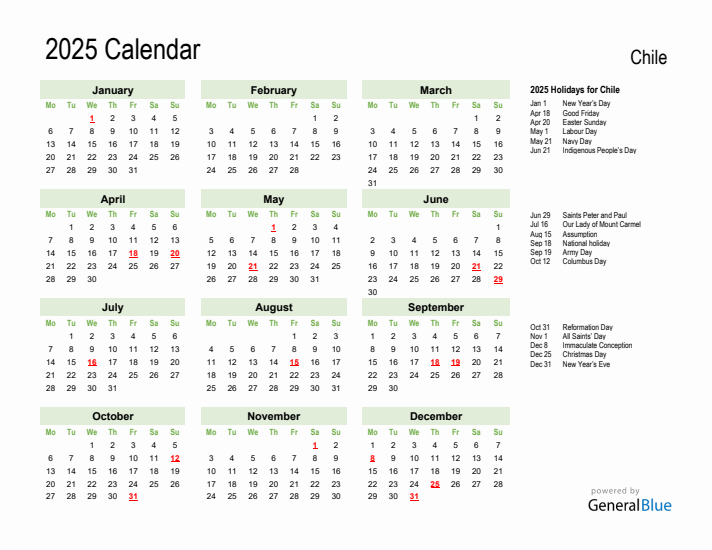 Holiday Calendar 2025 for Chile (Monday Start)